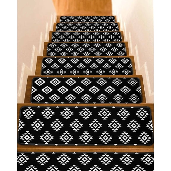 Classic Whtie Black Non-Slip Stair Treads for Wooden Steps, 10 Pack 8x30 Inch Carpet Stair Mats with Adhesive Backing, Noise-Reducing Step Covers for Indoor Stairs, Easy to Install & Residue-Free