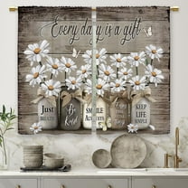 Farmhouse Floral Kitchen Curtains Daisy Rustic Vintage Flower Inspirational Small Short Cafe Window Curtains Wooden Country Quotes Bathroom Tier Window Treatment Drapes (27.5x39 Inch)