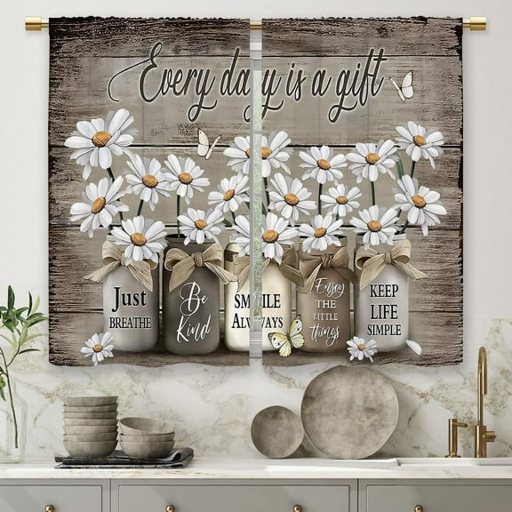 Farmhouse Floral Kitchen Curtains Daisy Rustic Vintage Flower Inspirational Small Short Cafe Window Curtains Wooden Country Quotes Bathroom Tier Window Treatment Drapes (27.5x39 Inch)