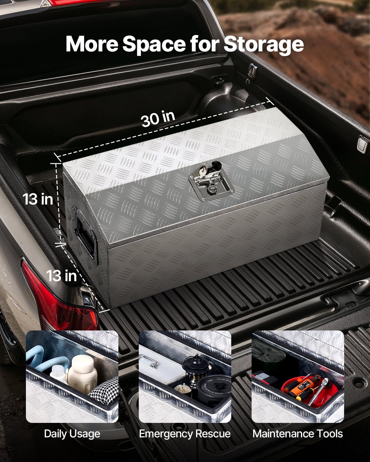 VEVOR Heavy Duty Aluminum Truck Bed Tool Box, Stripes Plated Tool Box with Side Handle and T-Lock Keys, Storage Toolbox Chest Organizer for Trailer, Pickup, Truck Bed, RV, 30"x13"x13", Silver