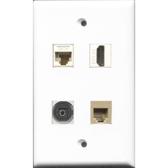 RiteAV 1 Port HDMI and 1 Port Phone RJ11 RJ12 Beige and 1 Port Toslink and 1 Port Cat6 Ethernet White Wall Plate