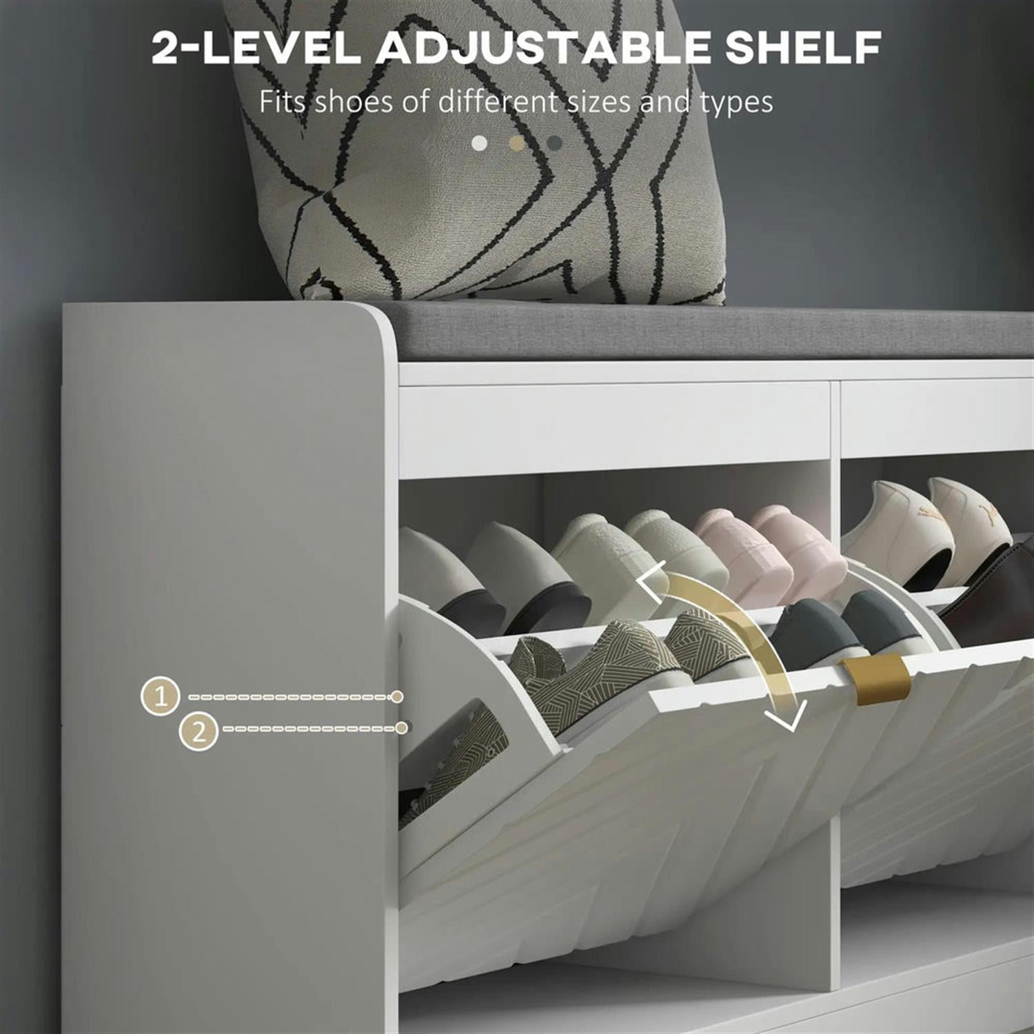 Demi Bonn Narrow Bench Upholstered Entryway Bench, Shoe Storage Bench with 2 Flip Drawers, 2 Ventilated Shoe Rack for 8 Pairs, White