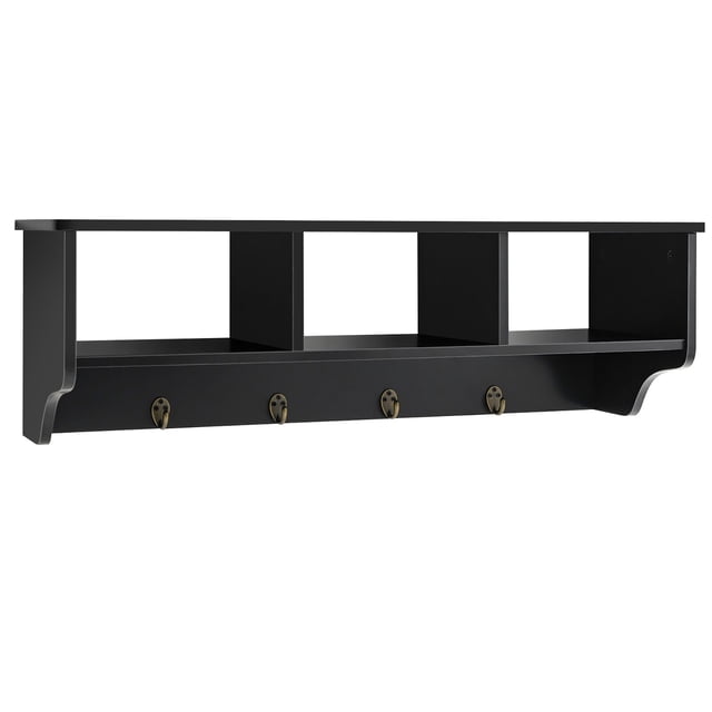 Gymax Versatile Wall-Mounted Coat Rack Space Saver w/ Wide and Flat Shelf Black