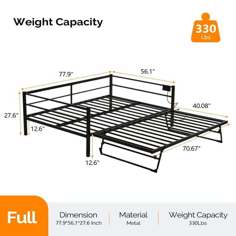 Zimtown Full Metal Daybed with Trundle & LED Lights, Black photo 5