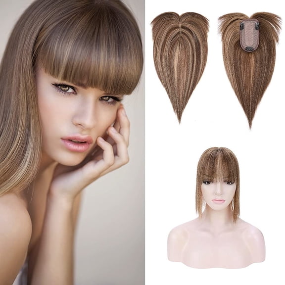 Loveternal Hairpiece 100% Real Human Hair Toppers with Bangs 16 inch（Medium Brown and Dark Blonde）
