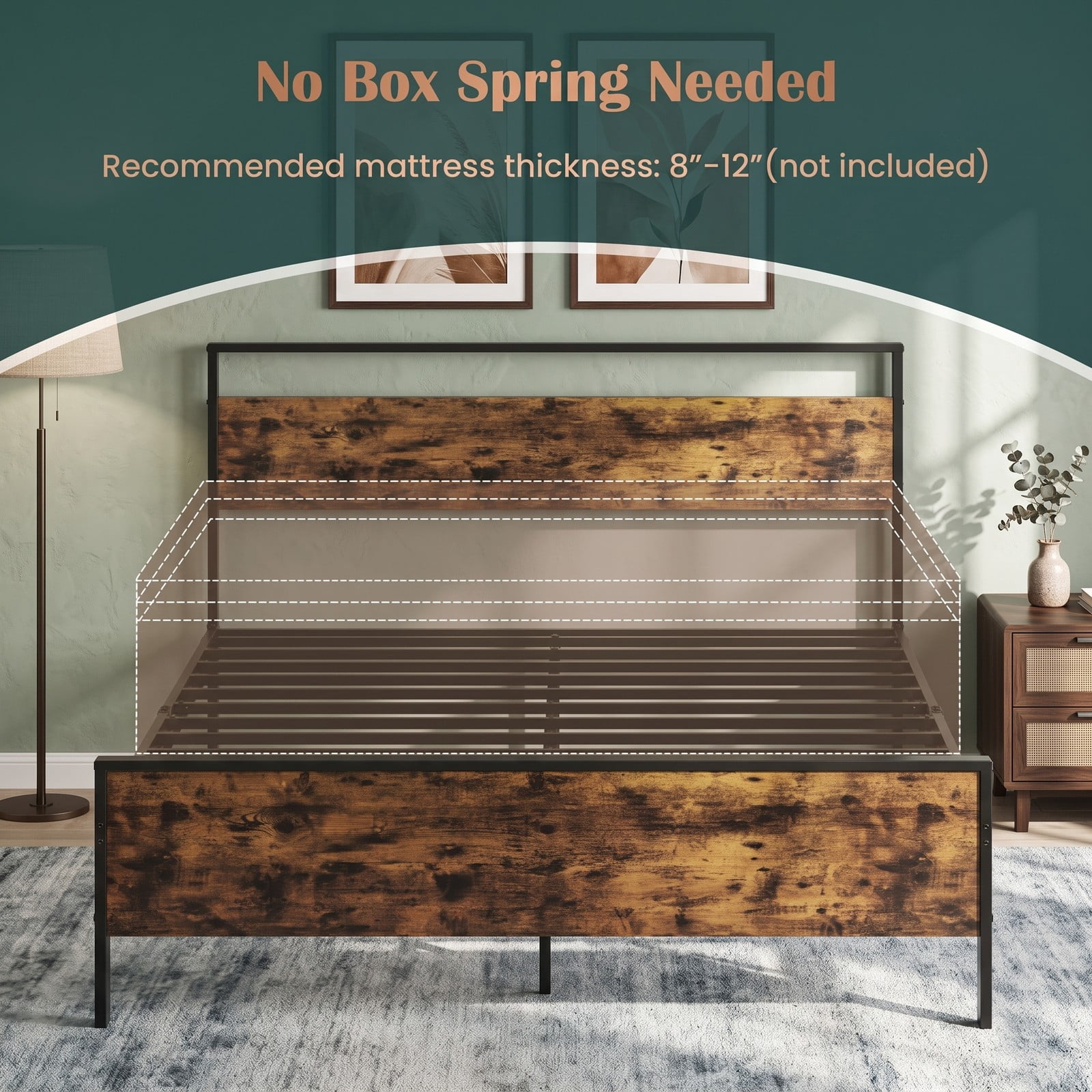 Furnibear Queen Bed Frame with Storage, Industrial Metal Platform Bed with Wooden Headboard and Under-Bed Space, Rustic Brown
