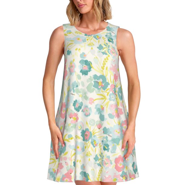 Balery Watercolor Wildflowers Vestidos de verano para mujer con estampado: vestido holgado sin mangas, vestido playero informal y cómodo para días calurosos.