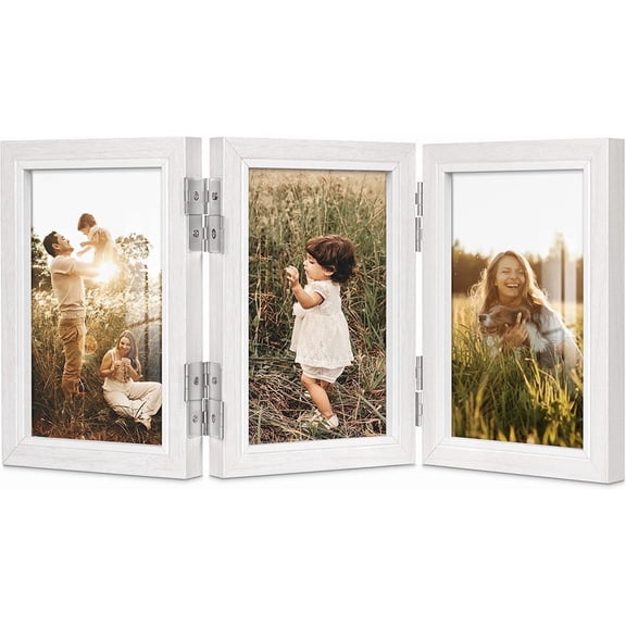 Afuly 4x6 Picture Frame White Collage Photo Frames, 3 Openings Hinged Trifold Folding Picture Frame for Tabletop Desk Display Wall Hanging, Multi Photo Frame Gift for Family Friends Home Decor