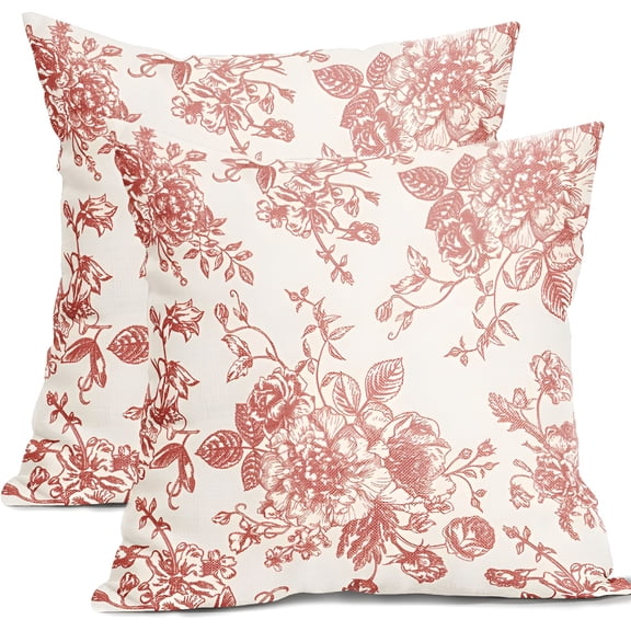 AUQ 2026 New Coral Floral Pillow Covers 20X20" Set of 2 Vintage Flower Coral Pink&Cream Throw Pillow Covers Chinoiserie Pillowcases Cotton Linen Cushion Covers for Couch Bed Sofa Indoor Outdoor Decor