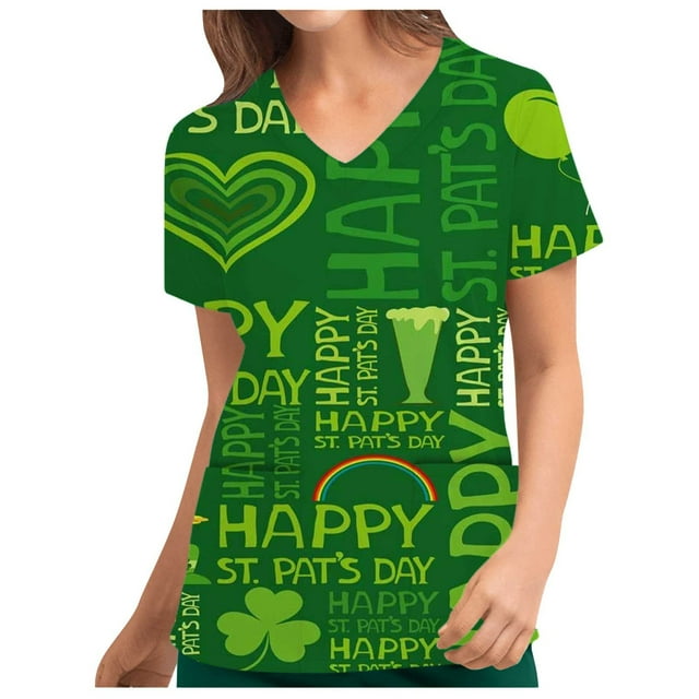 Uniforme de trabajo de enfermería con cuello en V y manga corta con estampado del Día de San Patricio para mujer a la moda Pompotops hkajfhjk460088