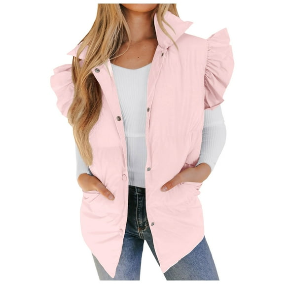 Women's Vests Ruffle Sleeve Winter Button Down Padded Gilet With Pockets