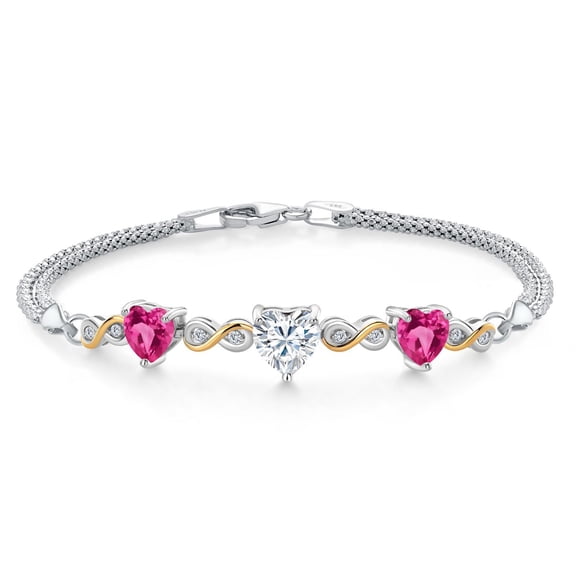 Gem Stone King 925 Silver and 10K Yellow Gold Moissanite and Pink Created Sapphire and Lab Grown Diamond Bracelet for Women (2.98 Cttw, Heart 6.5/7/7.5 inch, Made in Italy)