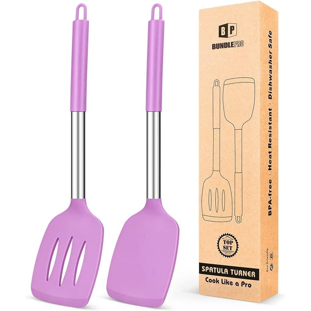 Bundlepro Pack of 2 Silicone Spatulas Turners, Non Stick Slotted and Solid Kitchen Utensils