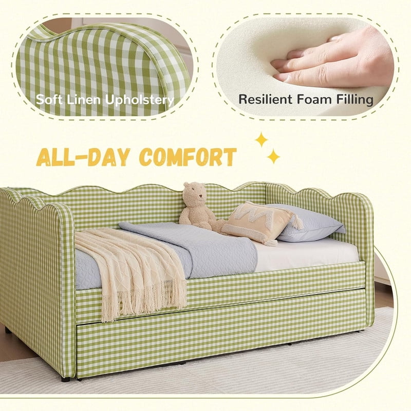 Full Size Upholstery Daybed with Trundle and USB, Full to King Design Wave Shaped Extendable Linen Sofa Bed, No Box Spring Required, for Living Room and Bedroom