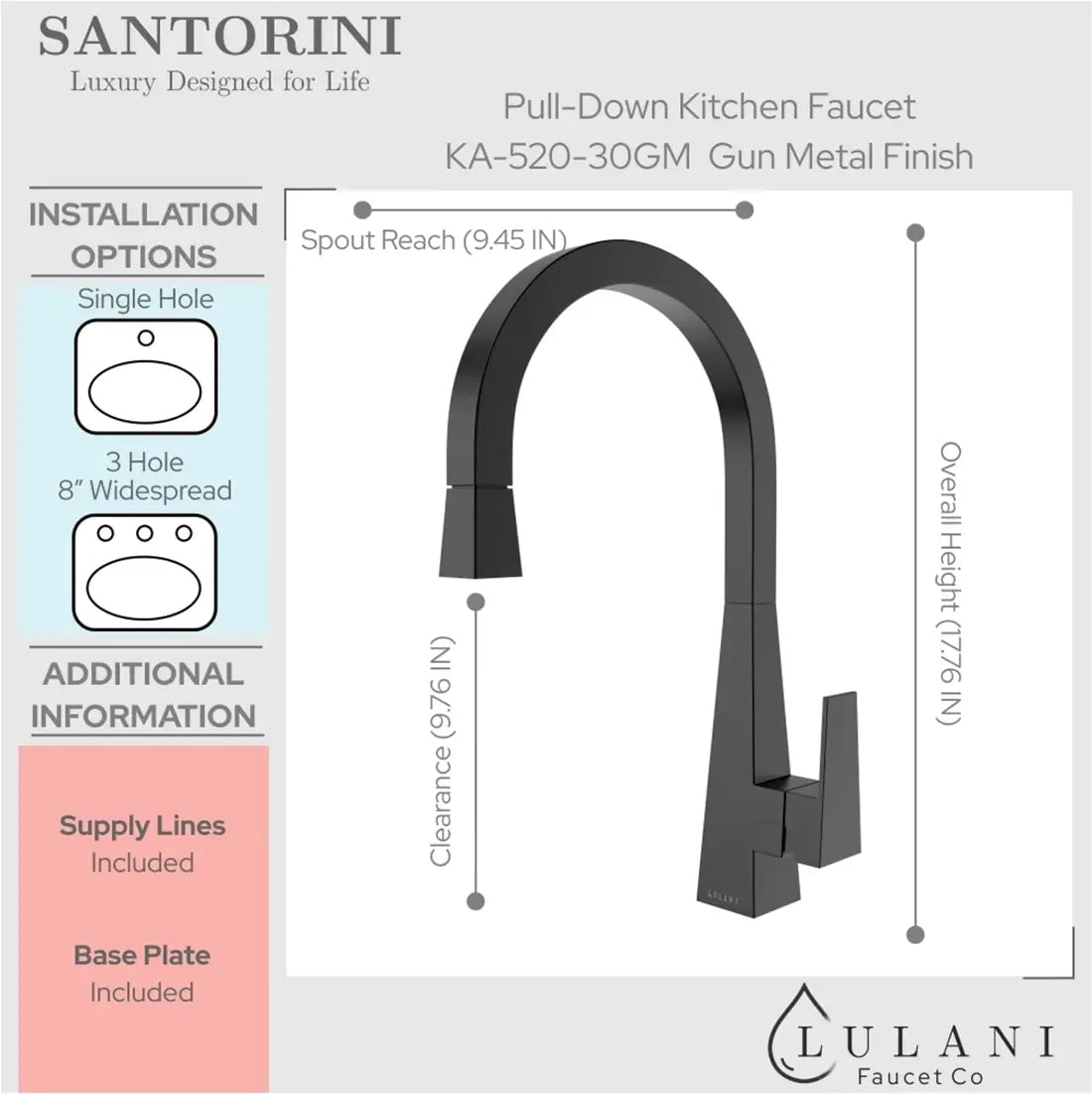 Lulani Santorini Stainless Steel 1-Handle Pull-Down Kitchen Faucet (No Spray Feature) - Gun Metal