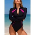 thumbnail image 3 of LOEL Women's Long Sleeve Zip Rash Guard One-Piece Swimsuit with Contrast Piping, 3 of 6
