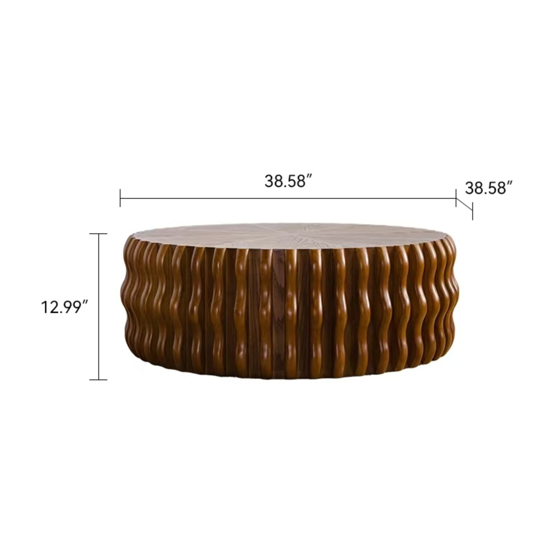 Noble House Cole 38.58" Ribbed Wave Round Coffee Table, Wooden Fluted Drum Center Table, Sturdy Pedestal, Walnut