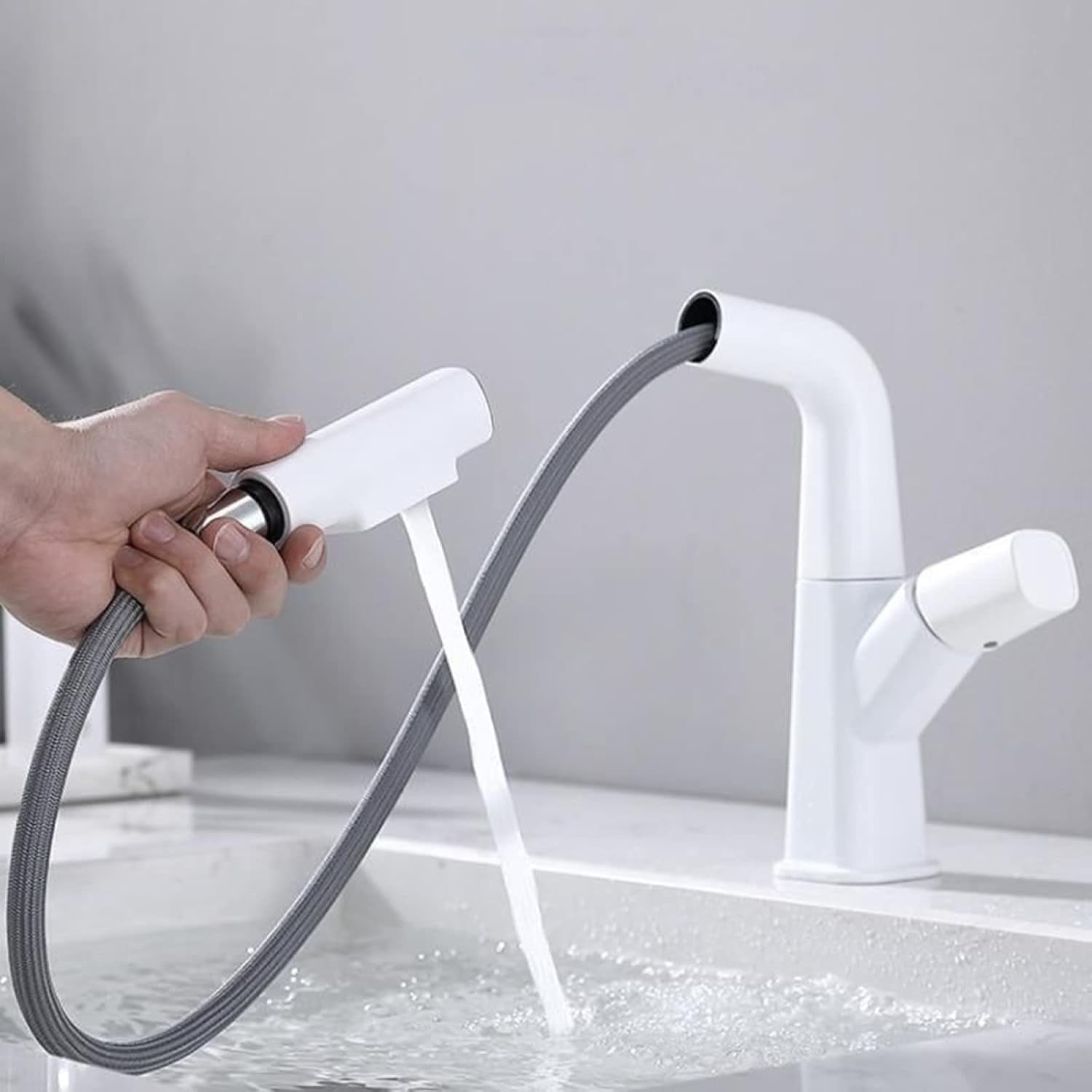 Bathroom Faucet with Pull Out Sprayer, Bathroom Sink Faucet Dual Function Basin Faucet, Single Hole Faucet for Bathroom Sink Brass, Bathroom Sink Faucet Single Handle,White