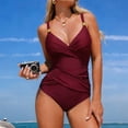 thumbnail image 6 of Minjewel Women's Cross-Back One-Piece Swimsuit with Ruched Tummy Control, Solid Color Slimming Bathing Suit, Athletic Swimwear for Women,Wine,2XL, 6 of 7
