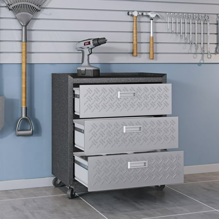 Fortress Textured Metal 31.5" Garage Mobile Chest with 3 Full Extension Drawers in Grey
