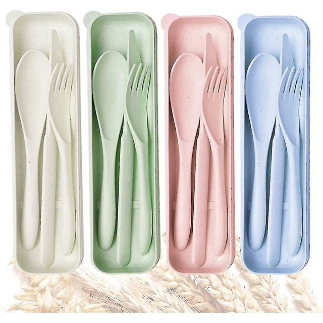 4 Portable Plastic Travel Cutlery Set With Case For Camping Picnic, Reusable Spoon Fork Sets For Outdoor Tableware, Eco Friendly, Beige Green Pink Blu