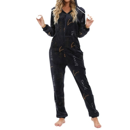 

Women Christmas Fleece Onesie Hooded Jumpsuit Pajamas Long Sleeves Zipper Flannel Hooded Romper Bodysuit Homewear