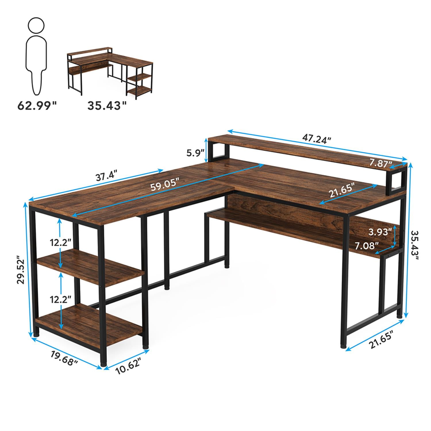 Demi Bonn 59" Computer Desk with Shelves & Monitor Stand, Reversible L-Shaped Gaming Desk, Industrial Work Desk for Home Office, Study, Living Room, Brown