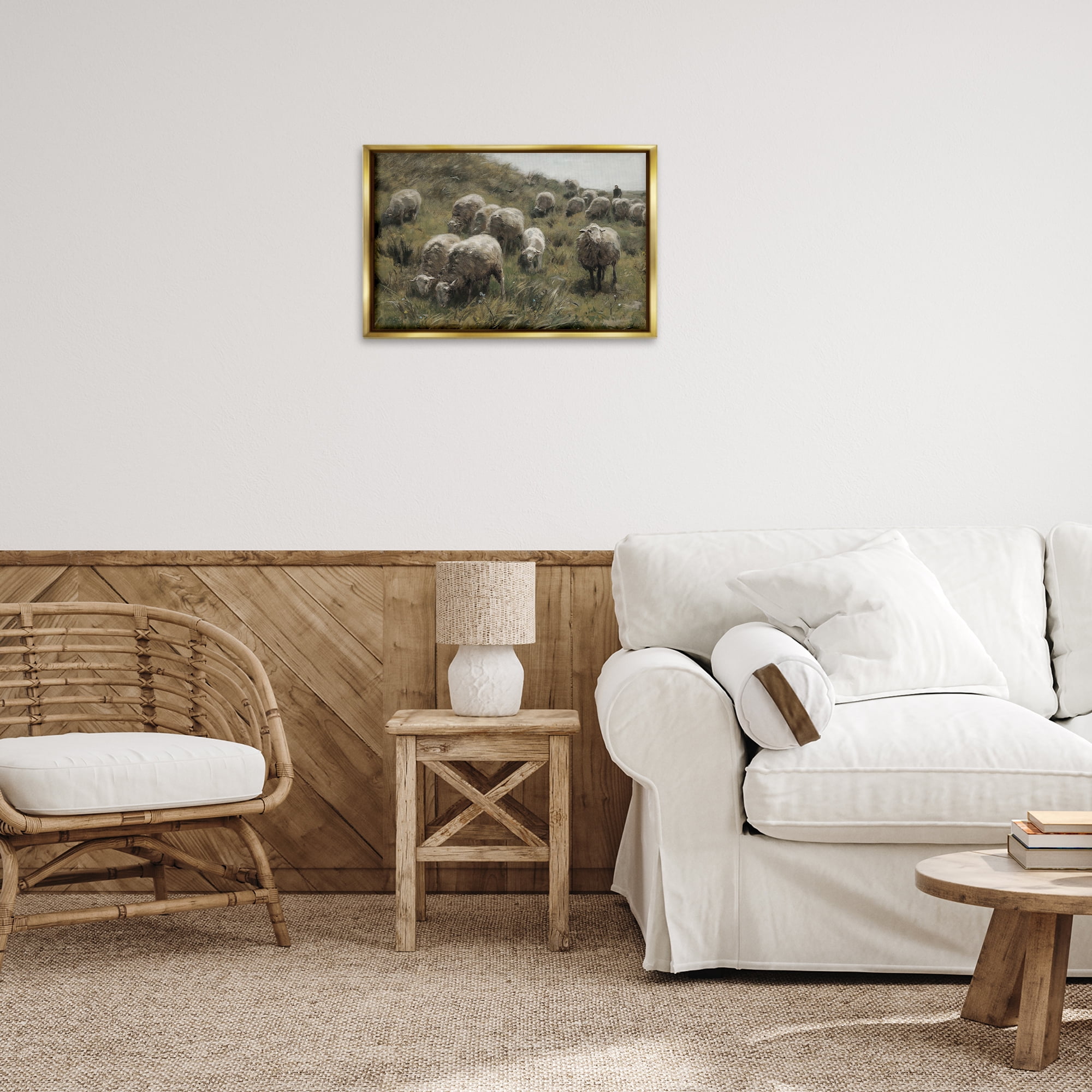Stupell Industries Sheep At Pasture Landscape Painting Gold Floater Framed Canvas Art Print Wall Art, 25 x 17