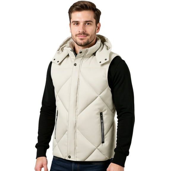 CharmCyan Men Sleeveless Puffer Vest with Removable Hood Lightweight Quilted Outerwear Zipper Closure Warm Casual Jacket for Winter White L