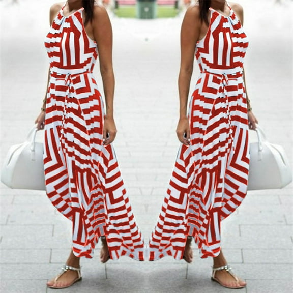 Teyfeniy Red Women Striped Maxi Dresses Summer Spring Sun Crew Neck Sleeveless Dress with Graphic Going Out Holiday Vacation Beach Outfit Color Block Comfy Flowy Dresses