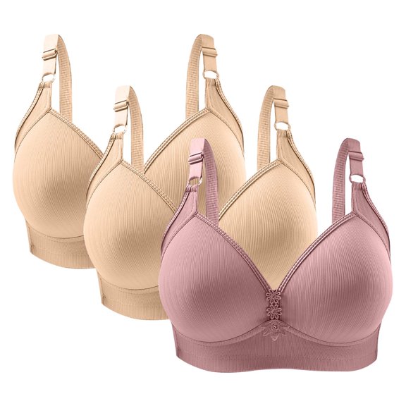 Bigersell Wireless Bra Discouts 3pc Woman's Solid Color Daily Bra Without Underwire Gathering Bras Underwire Bra Style F-1122 Beige 40/90