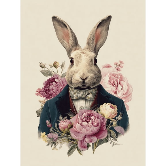 UXIEQU Dapper Rabbit With Flowers Canvas Wall Art Print 15.75x11.81 Inches