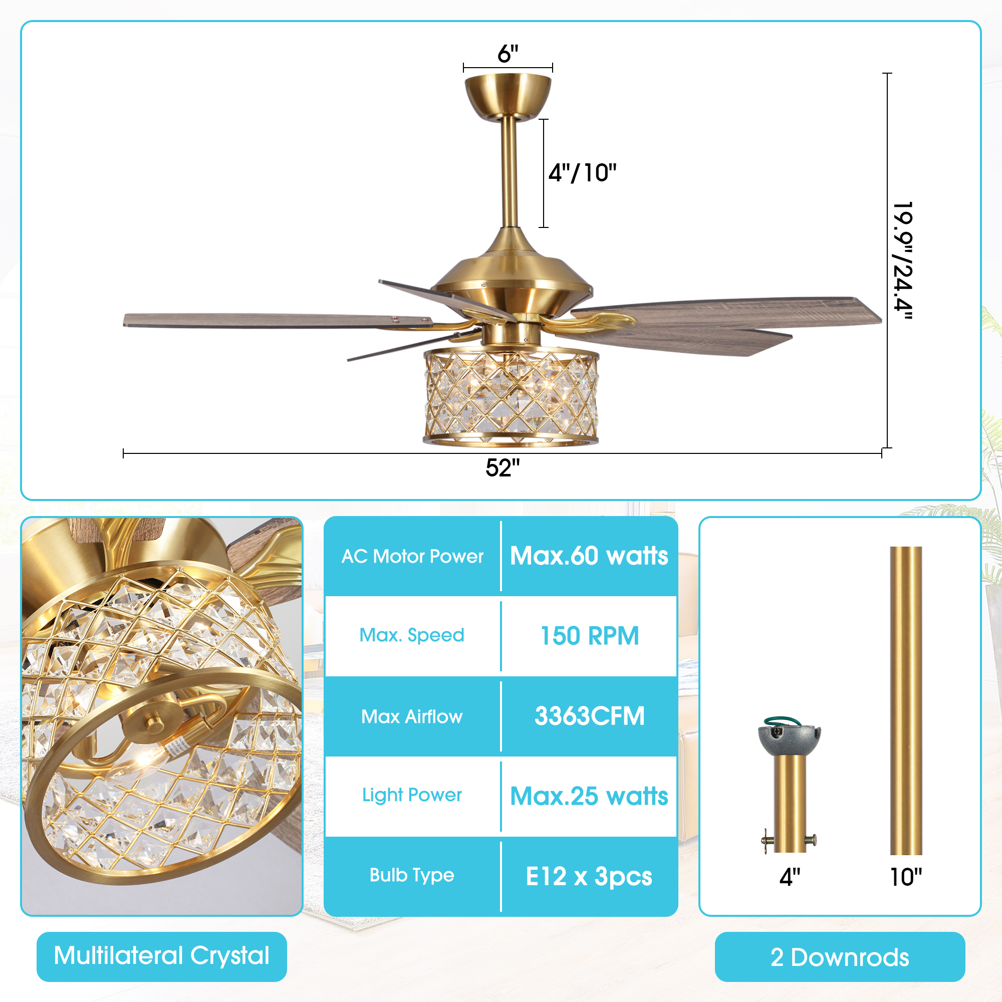 Parrot Uncle 52 inch Gold Chandelier Crystal Ceiling Fan with Lights and Remote Control, 5 Blades, Indoor