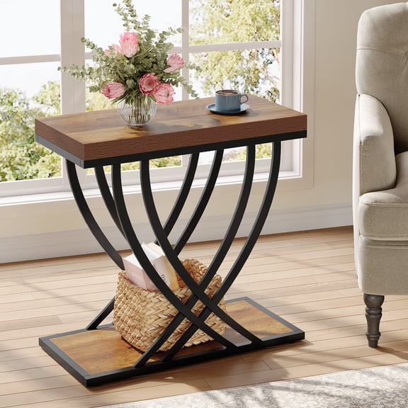Finmind 2-Tier End Table for Living Room, Small Narrow Side Table with Metal Frame, Rustic Brown