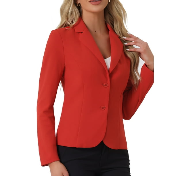 BLAZER DE TRABAJO PARA MUJERES INSPIRE CHIC CON SOLAPA Y MANGAS LARGAS, TRAJE BLAZER ROJO BRILLANTE TALLA M