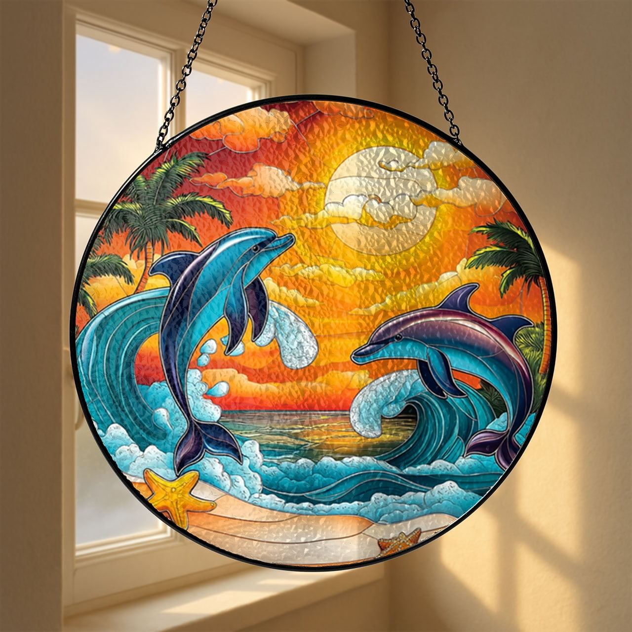 Faux Stained Glass Dolphin Panel, Sunset Ocean Window Art