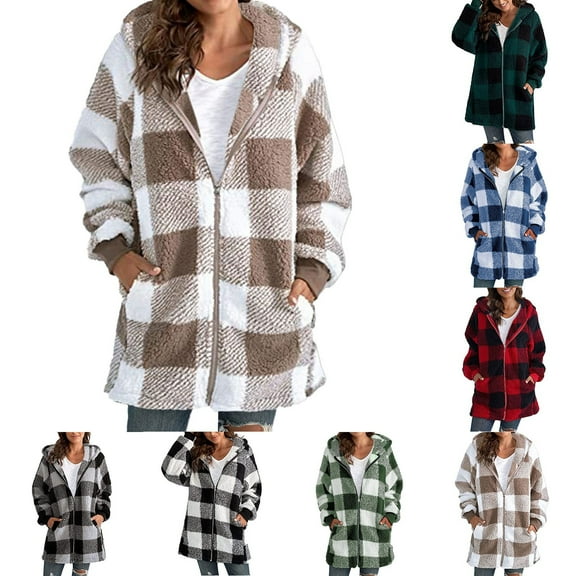 Women's Plaid Hooded Jacket Soft Comfortable Long Sleeve Zipper Front Loose Fit Outerwear With Pockets For Casual Wear