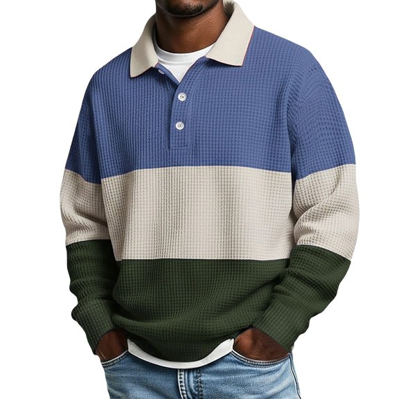 Breezora Men's Color Block Shirt Long Sleeve Popular Versatile Waffle Knit Shirt Trendy Casual Wear for Youth L Size Blue