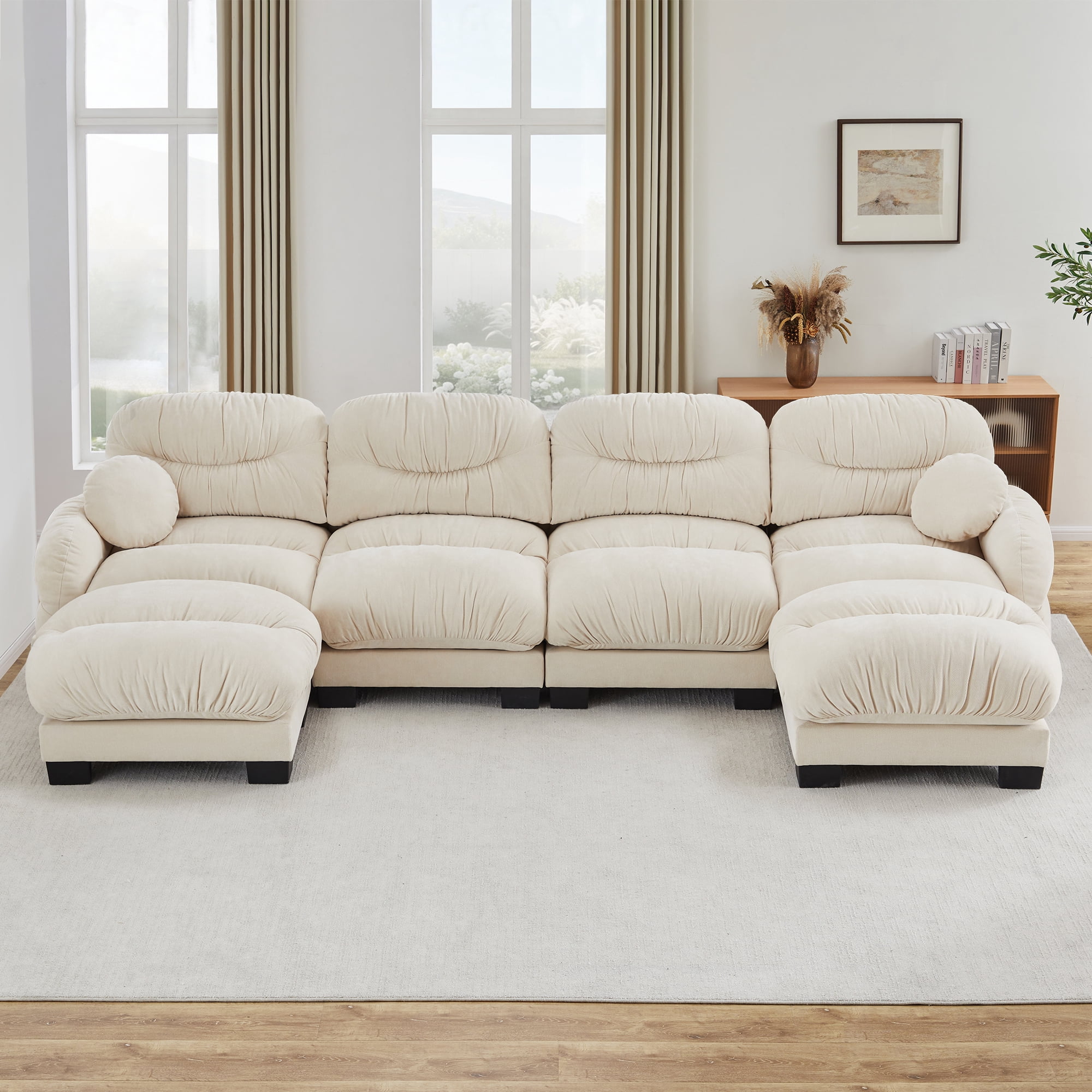 150" 4 Seater Sectional Couch Cozy Chenille U Shape Modular Sofa with 2 Ottoman and 2 Throw Pillows