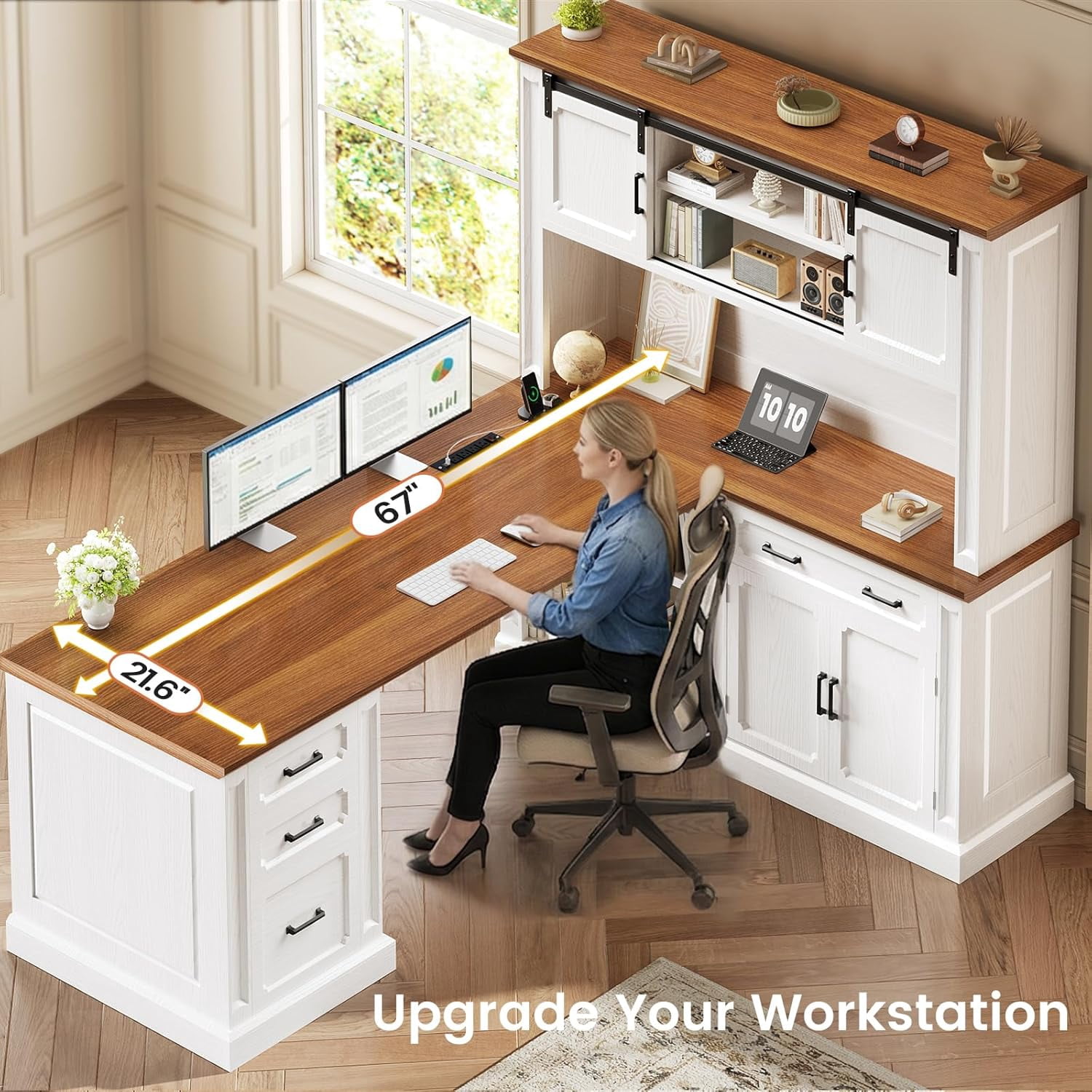 SEDETA 67" Farmhouse L Shaped Desk with Hutch, Executive Home Office Desks with 4 Drawers & Storage Cabinet, Corner Computer Desk with Sliding Doors, File Drawer & Power Outlet, White+Brown