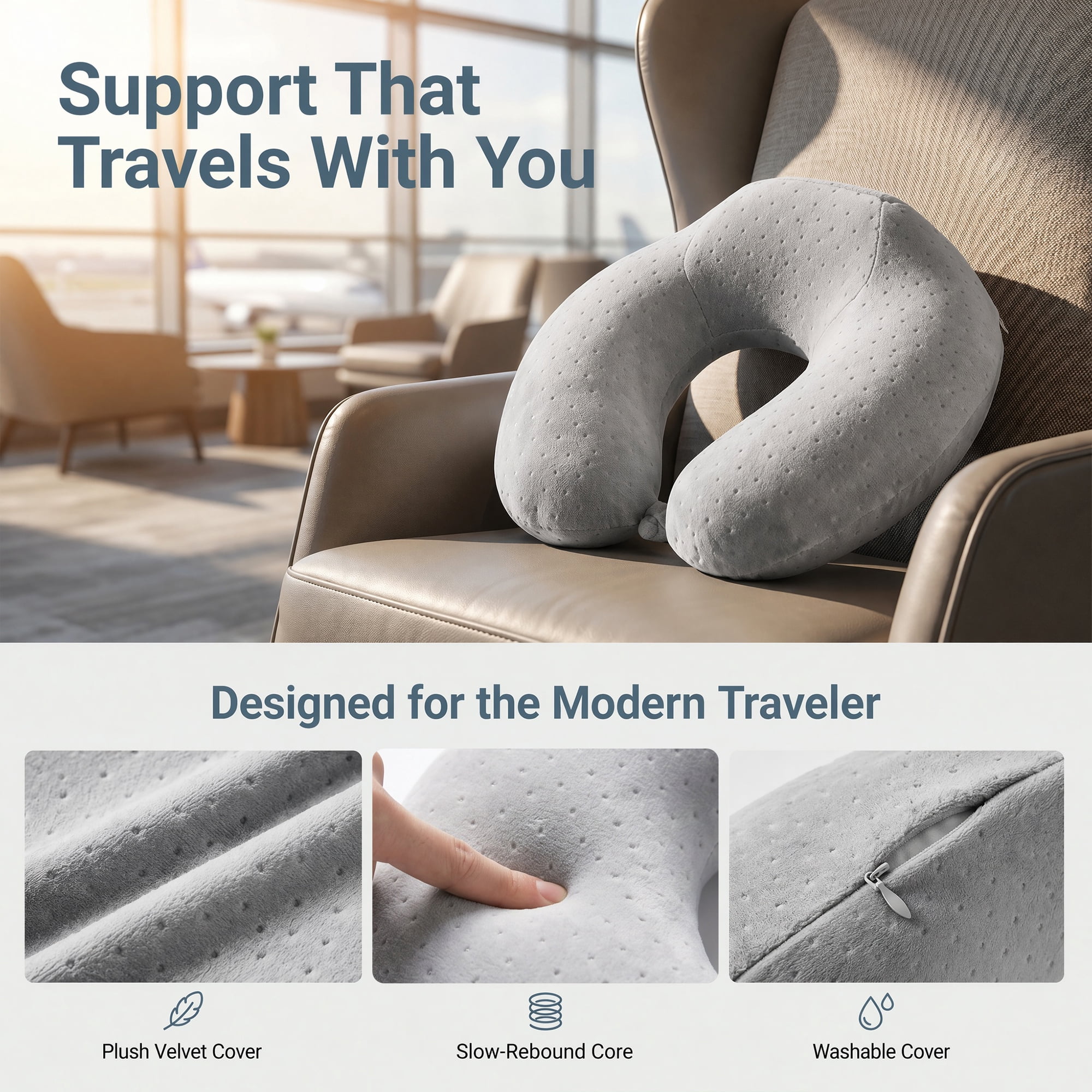 Unique Bargains Memory Foam Travel U Shape with Snap Closure for Car Smoky Gray 12"x12"x5"