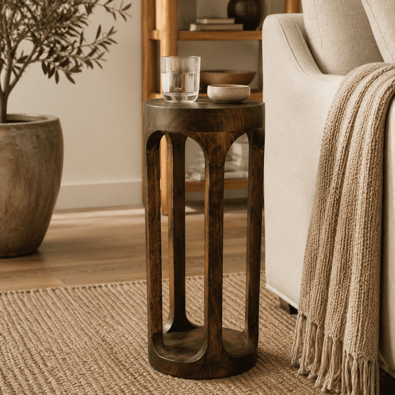 Expobazaar Mango Wood Drink Table | Natural Finish Round Accent Table | Slim Pedestal Side Table for Living Room, Bedroom & Small Spaces | 7.5 x 7.5 x 23 Inches