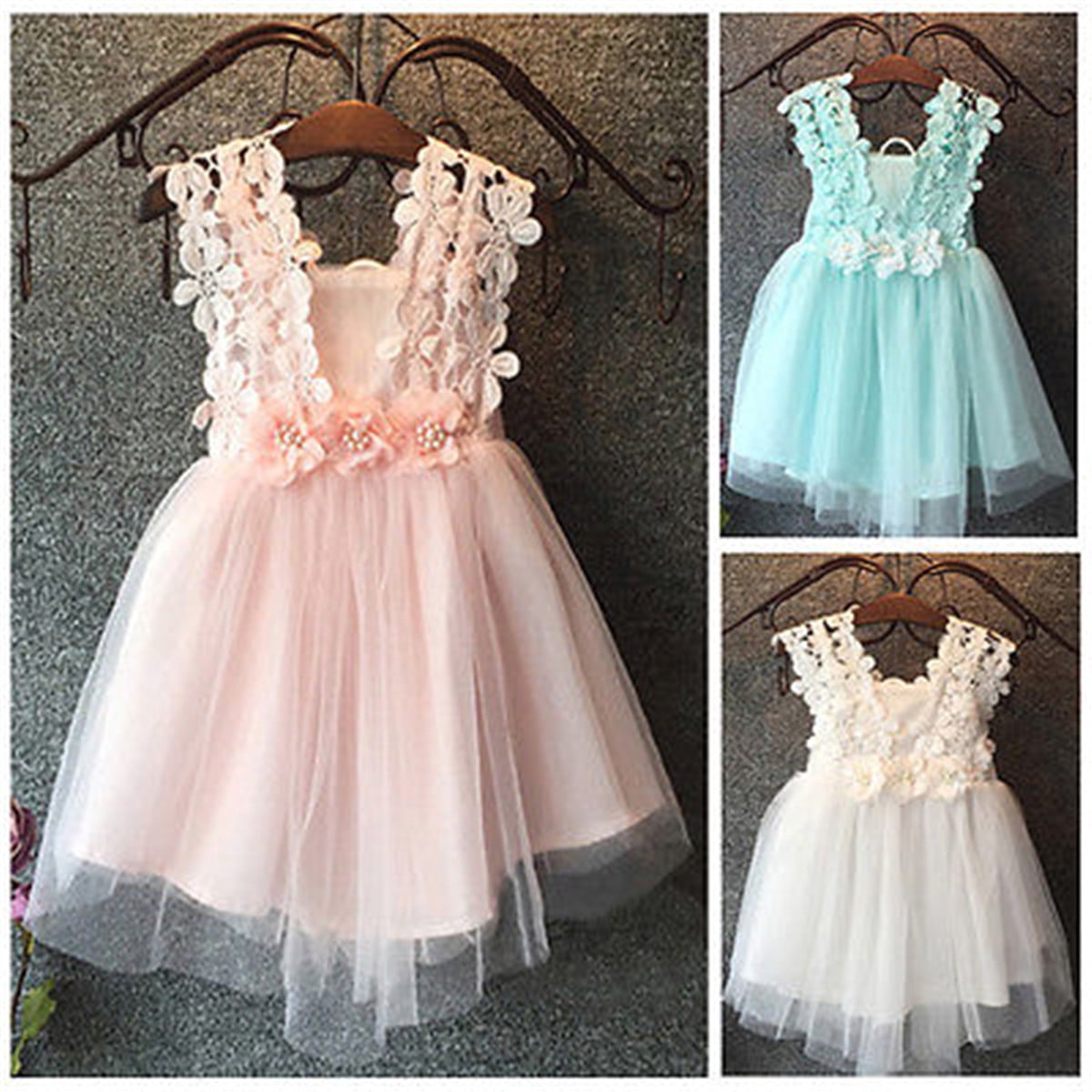 FOCUSNORM Kid Baby Girl Sleeveless Lace Kids Toddler Tulle Party Wedding Dress Princess