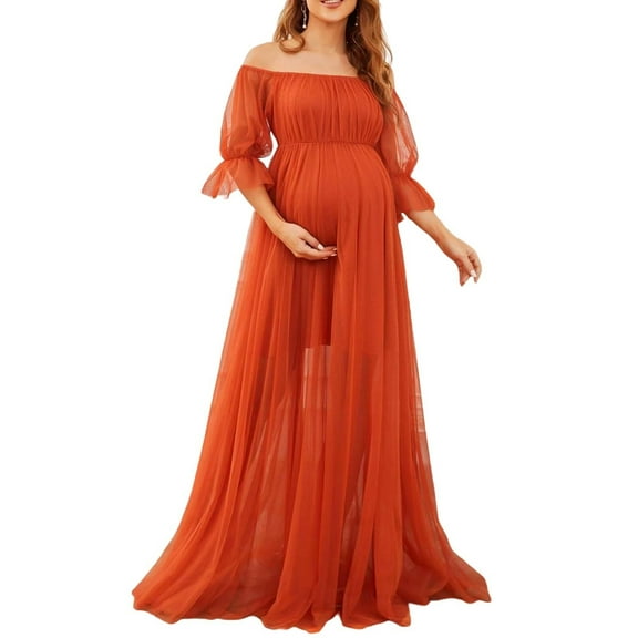Women's Off Shoulder Maternity Maxi Dress Elegant Solid Color Long Sleeve Chiffon Lace Tulle Gown Pregnancy Dress for Photoshoot