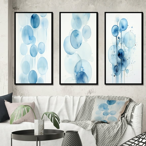 Designart "Vintage Light Blue Tranquility III" Modern Geometric Framed Wall Art Set Of 3 - Blue Abstract Frame Canvas Set For Living Room Decor