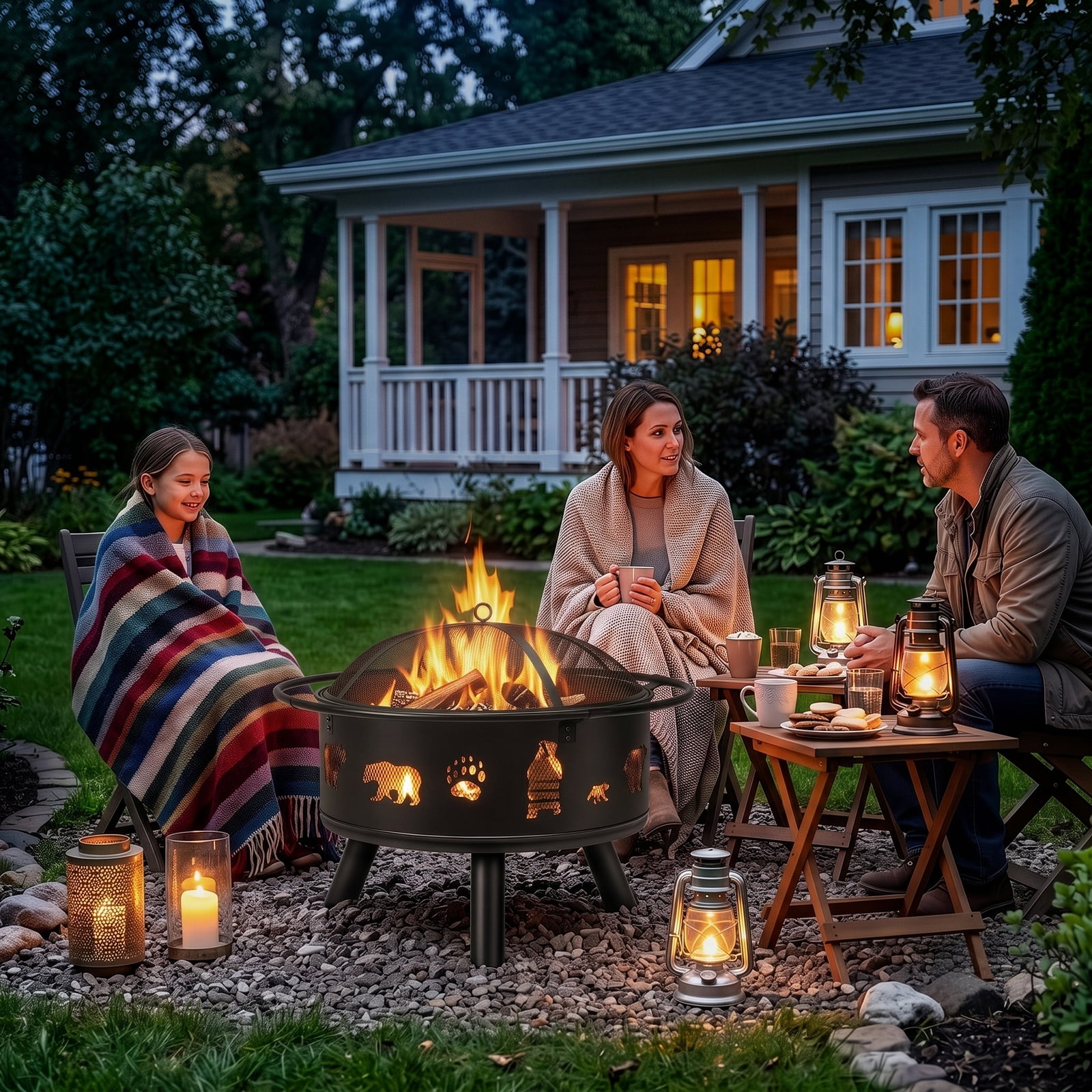 30 Inch Round Outdoor Wood Burning Fire Pit, Heavy Duty Wrought Iron Firepit with Hinged Spark Screen Lid & Lift Ring, Decorative Bear Cutout Patio Fire Pit for Backyard, Garden, Lawn and Camping
