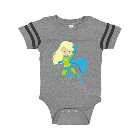 

Inktastic Superhero Girl Blonde Hair Blue Cape Blue Boots Gift Baby Girl Bodysuit