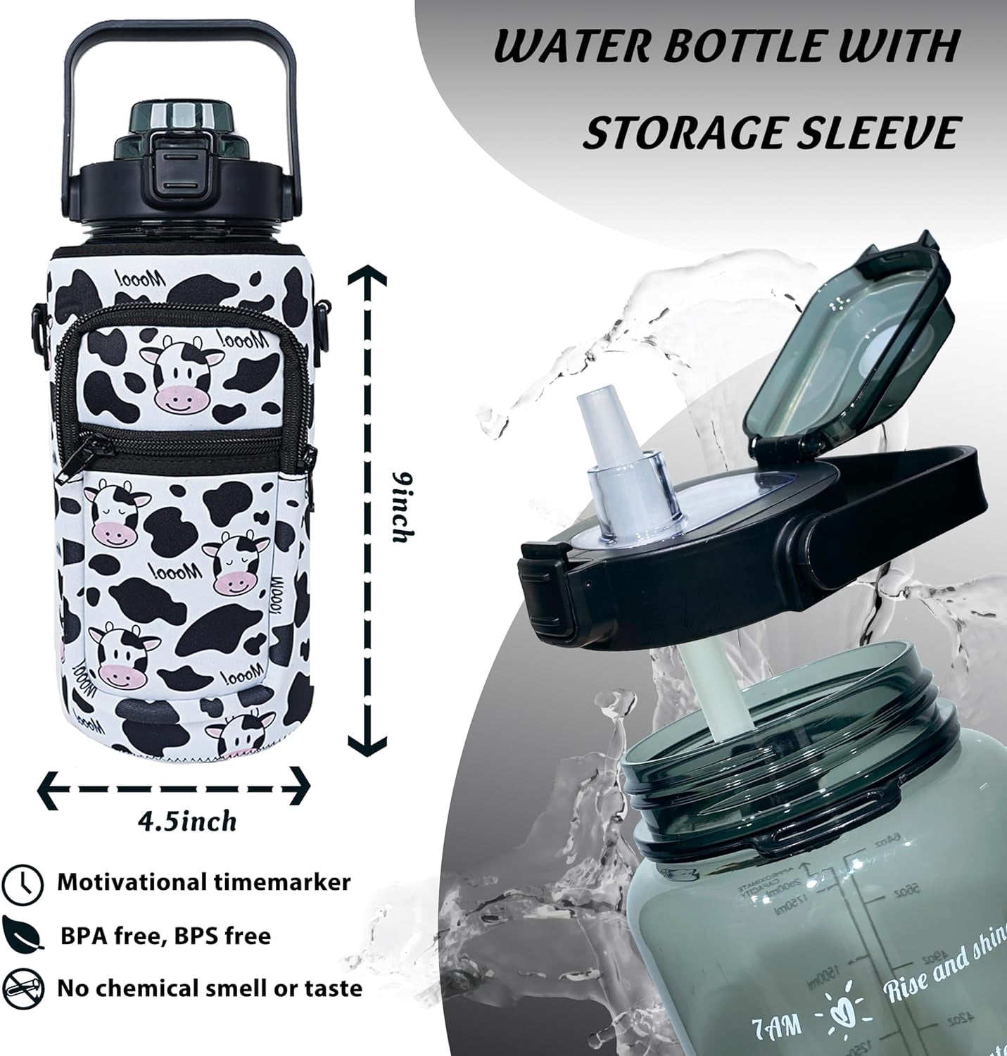 64 oz Water Bottle with Straw Sleeve & Strap Motivational BPA Free Half Gallon Water Jug with Handle for Gym Women Men Aesthetic Water Bottle with Strap
