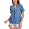 thumbnail image 5 of INSPIRE CHIC Women's Denim Top Summer V Neck Short Sleeve Button Front Jean Shirt Blouse L Light Blue, 5 of 7