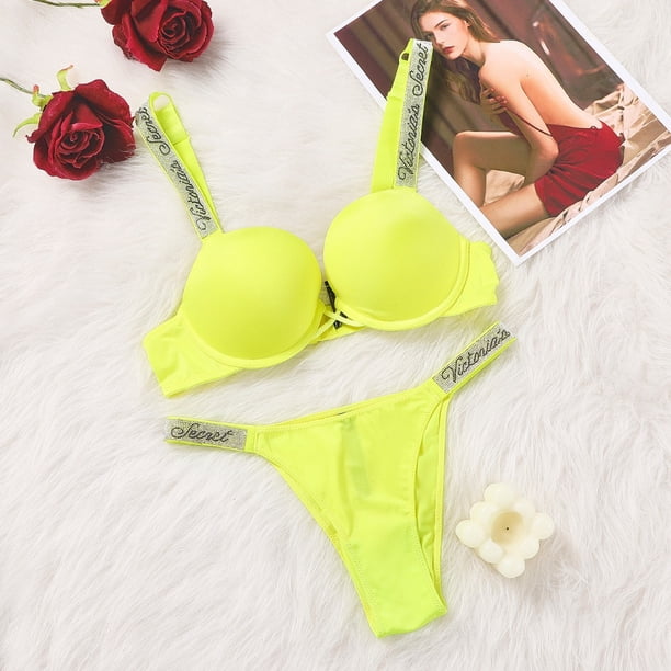 Victoria's Secret Set Sujetador Ajustable Rhinestones Lentejuelas Lencería Sexy Transpirable Push-Up Mujer Impresión Carta Gao Jiahui unisex